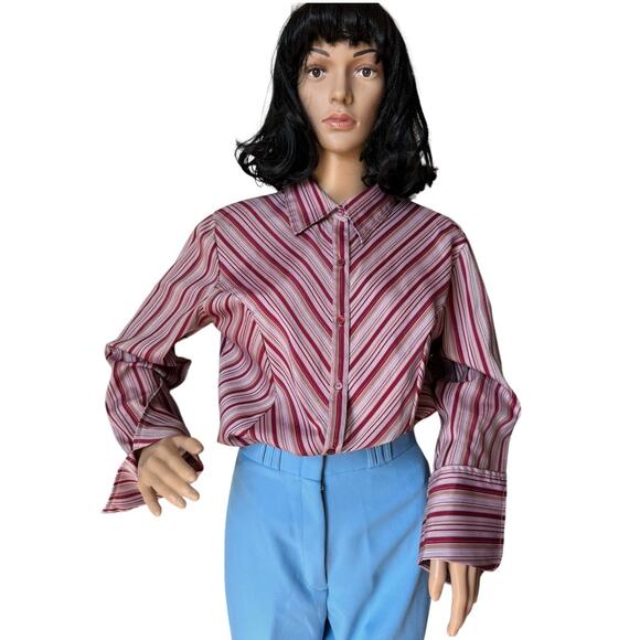 Vintage 70's Retro stripped bouse dagger collar large fold back cuffs size large - Picture 2 of 12